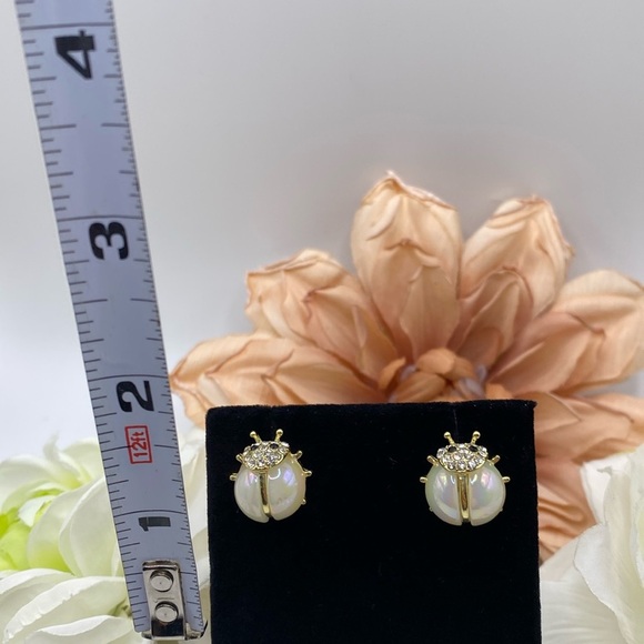 Ladybug Lucky Earrings With Iridescent Faux Pearls & Crystal Accents NEW - Picture 2 of 4